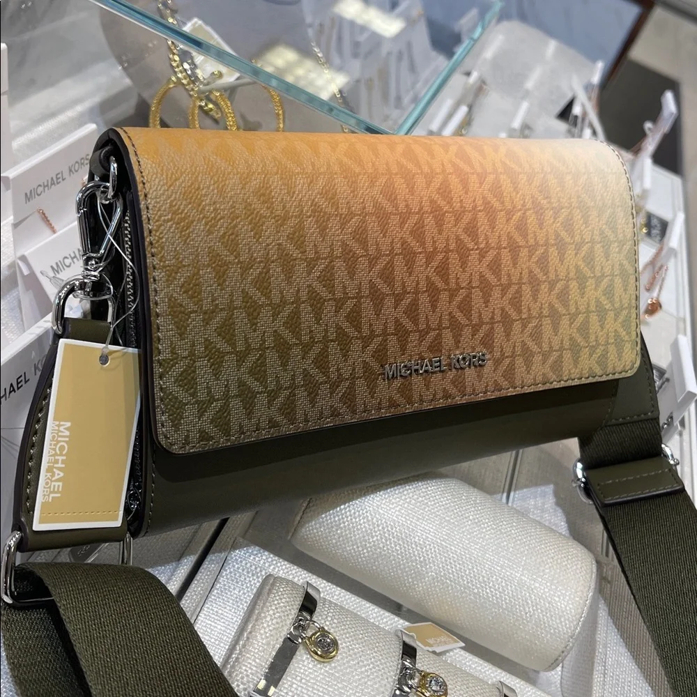MICHAEL KORS Jet Set Large Ombré Signature Logo Crossbody Bag Olive Multi NWT